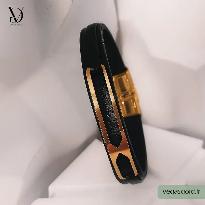 دستبند چرم با پلاک طلا کد004