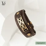 دستبند چرم با پلاک طلا کد015